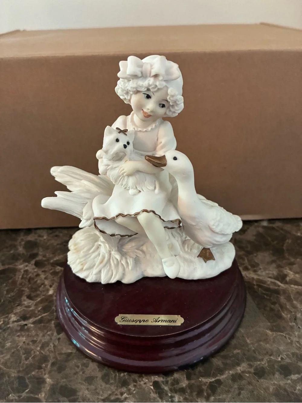 Giuseppe Armani Porcelain Girl with Dog and Goose - White with Gold Trim